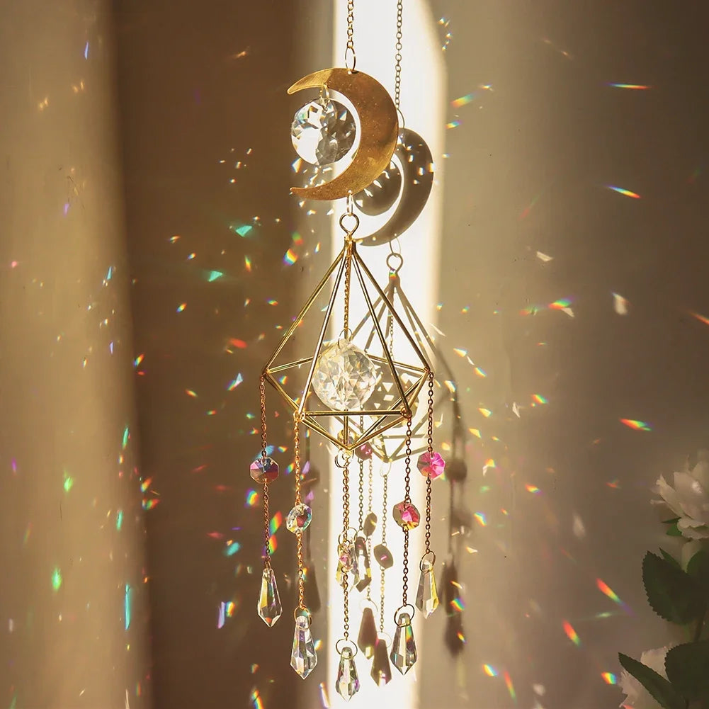 Crystal Wind Chime Star Moon Sun Catchers Windchimes Plated Colorful Beads Hanging Drop.
