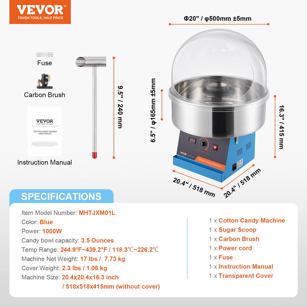 Electric Cotton Candy Machine 1000W Candy Floss Maker Commercial Cotton Candy Machine Stainless Steel Bowl Sugar Scoop