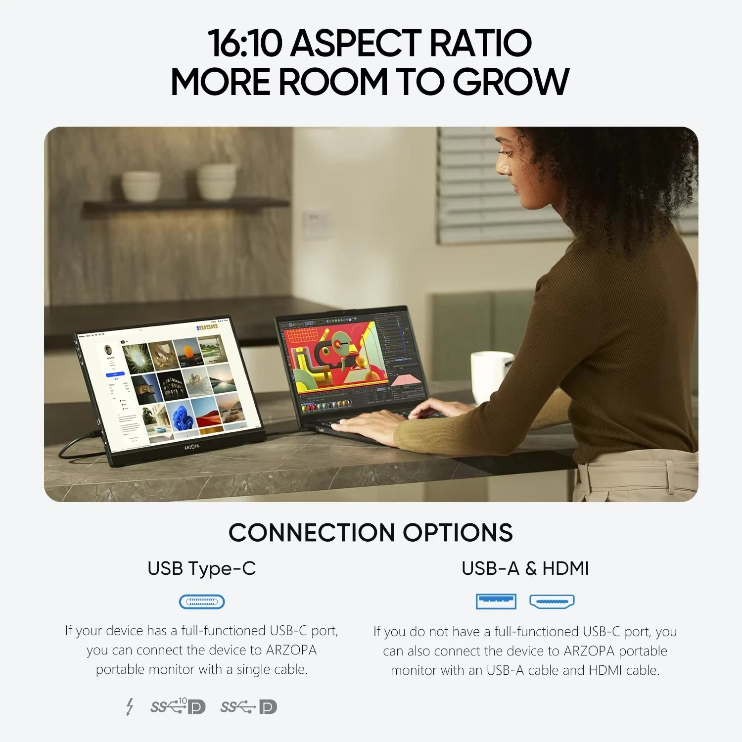 16" 2.5K QHD Portable Monitor 16:10 IPS Screen with type-c mini hdmi Second Display for MAC/Laptop/PC/Xbox/PS/Switch,Z1RC