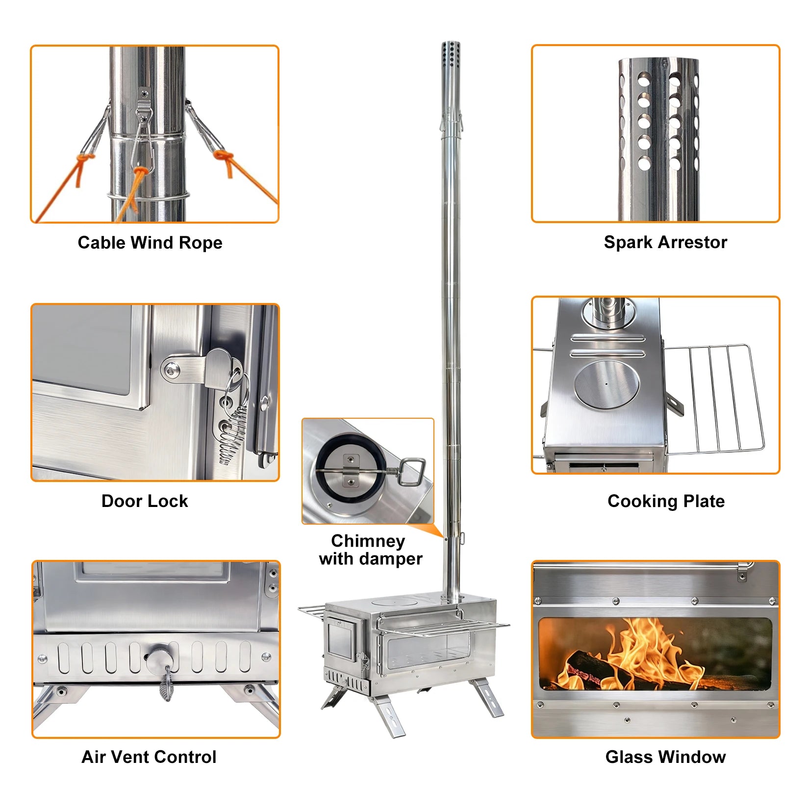 Hot Tent Stove, Portable Wood Burning Camping Stove Stainless Steel for Tent, Outdoor, Heating, Cooking, Ice Fishing