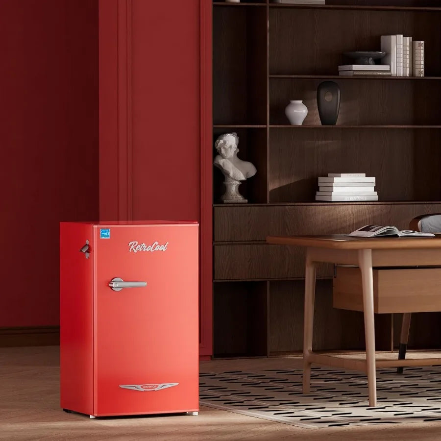 3.2 Cu.Ft Retro Mini Fridge with Bottle Opener for Bedroom Office Dorm Energy Saving Design Adjustable Thermostat Metal Handle