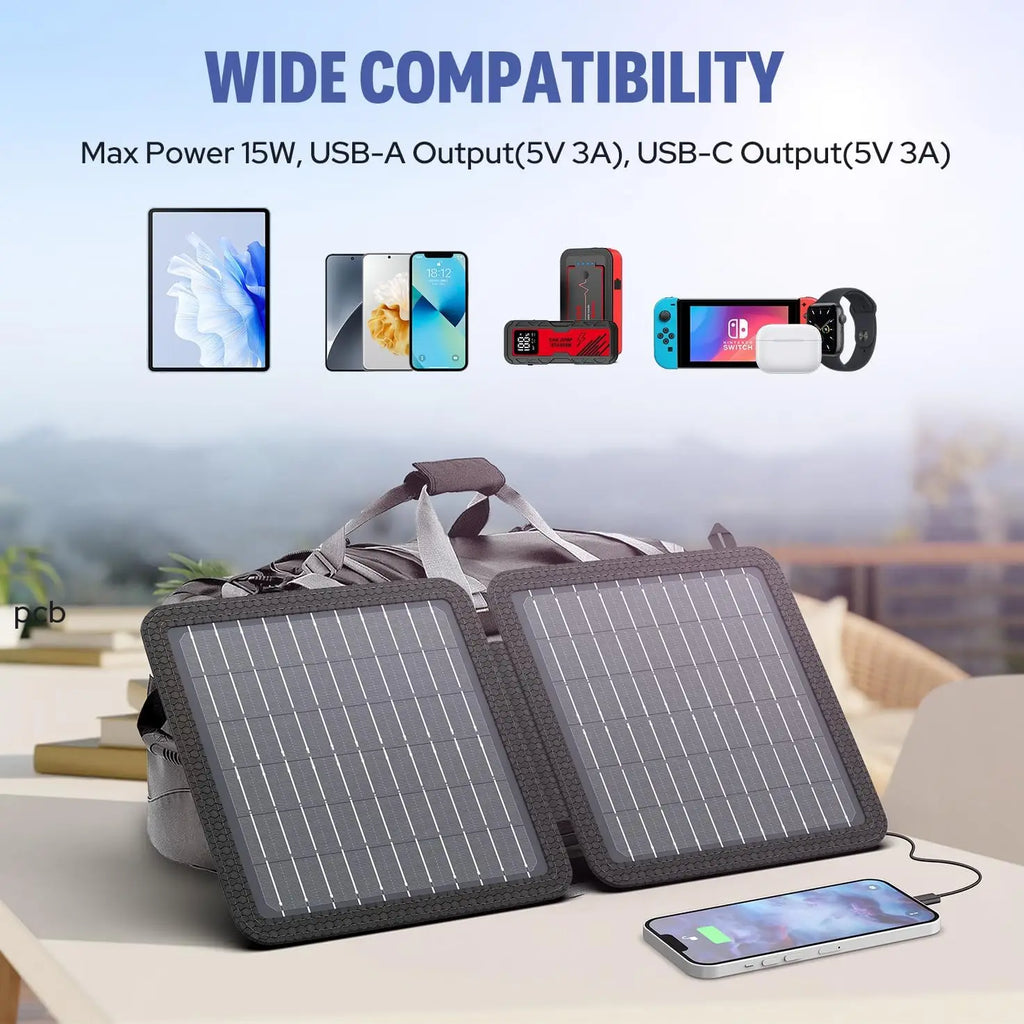 15W Portable Solar Panel Battery Charger with 5V 3A USB-A USB-C Output.