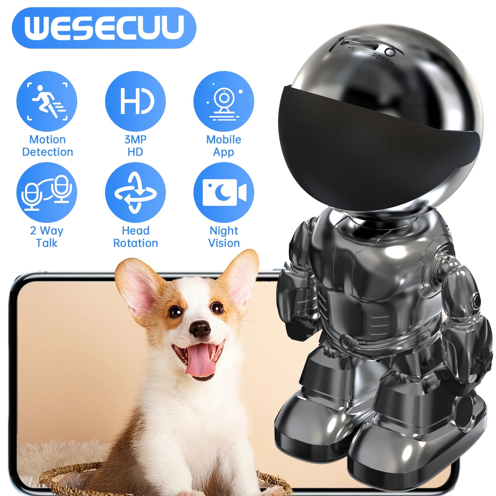 1080 HD Robot Camera Wifi 3MP Indoor Home Security Camera Night Vision Two Way Audio Auto Tracking Indoor Baby Monitor