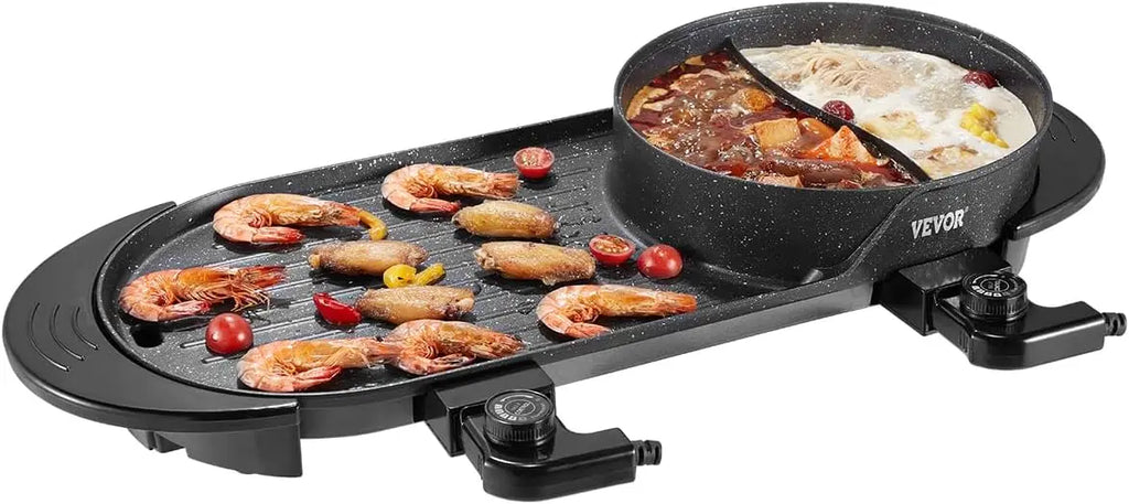 2-in-1 Electric Smokeless Grill and Hot Pot, 2200W Dual Control for Korean BBQ and Shabu Shabu, Non-stick Pan for Family Dining