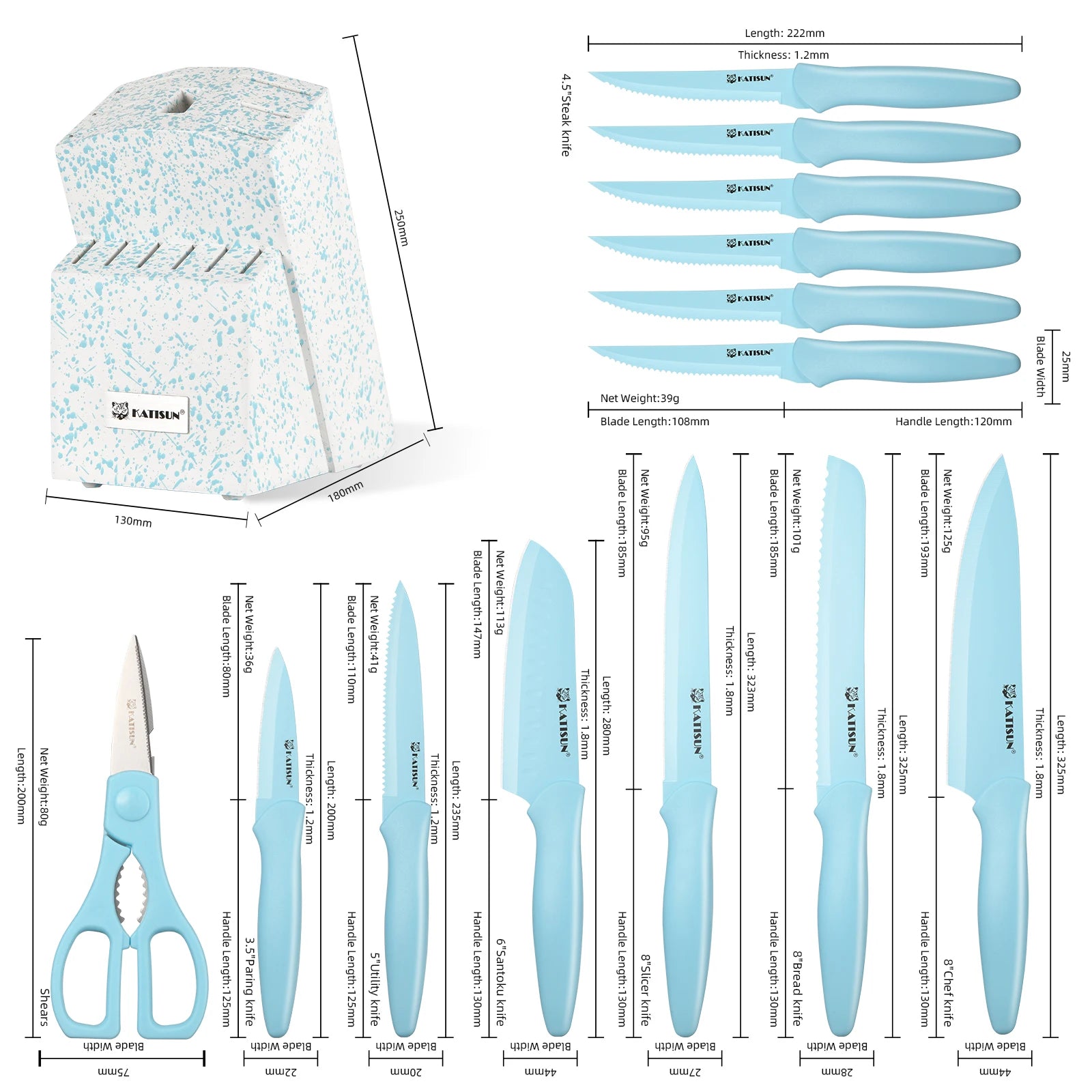 14 Pieces Blue Kitchen Knife Color Block Set , Anti-Rust Color Titanium Coated Carbon Steel, 12 Knives with Shears and Block