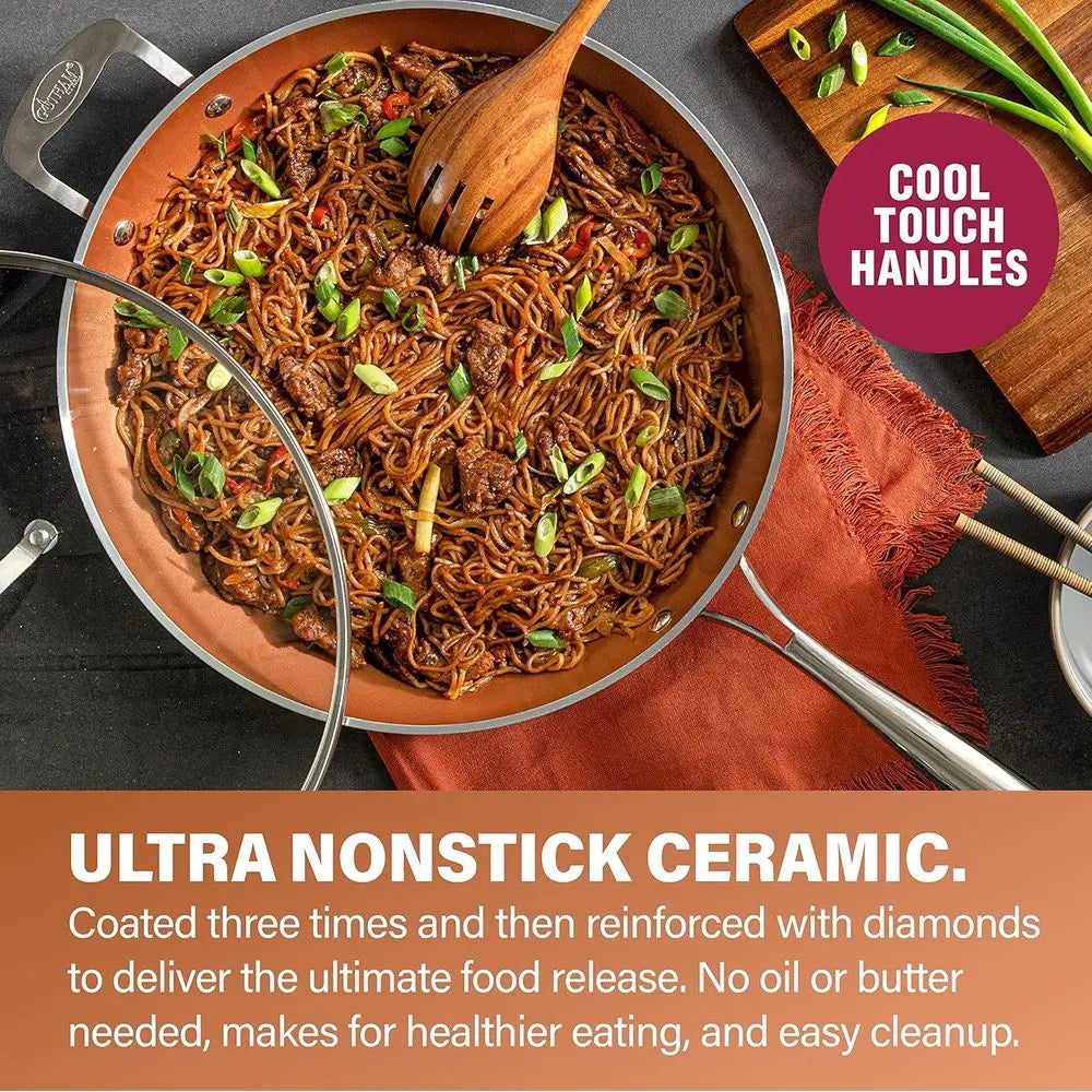 14 Inch Hammered Copper Non-Stick Frying Pan with Lid, Ceramic Coating, Induction Compatible, Oven and Dishwasher Safe, 100% PTF