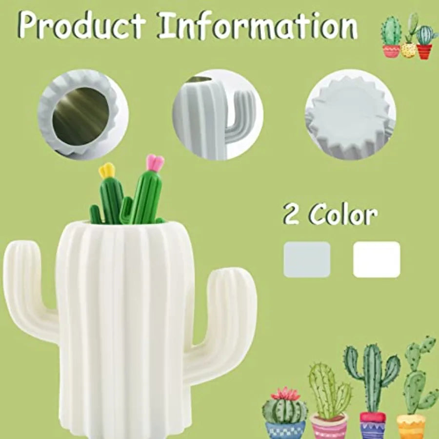 2 PCS Cactus Pen Holder with 4 PCS Cactus Gel Pen Set - Multifunctional Cosmetic and Stationery Storage Organizer for Desk Make