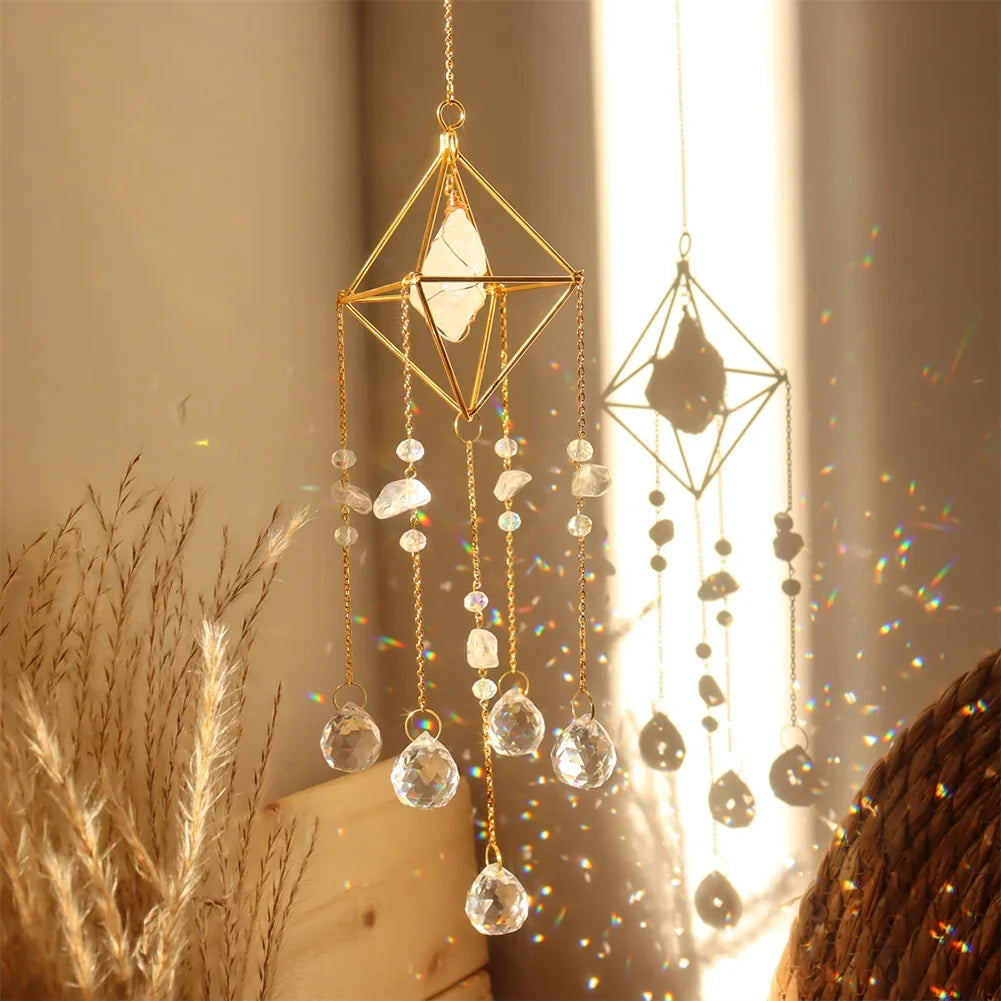 Crystal Wind Chime Star Moon Sun Catchers Windchimes Plated Colorful Beads Hanging Drop.
