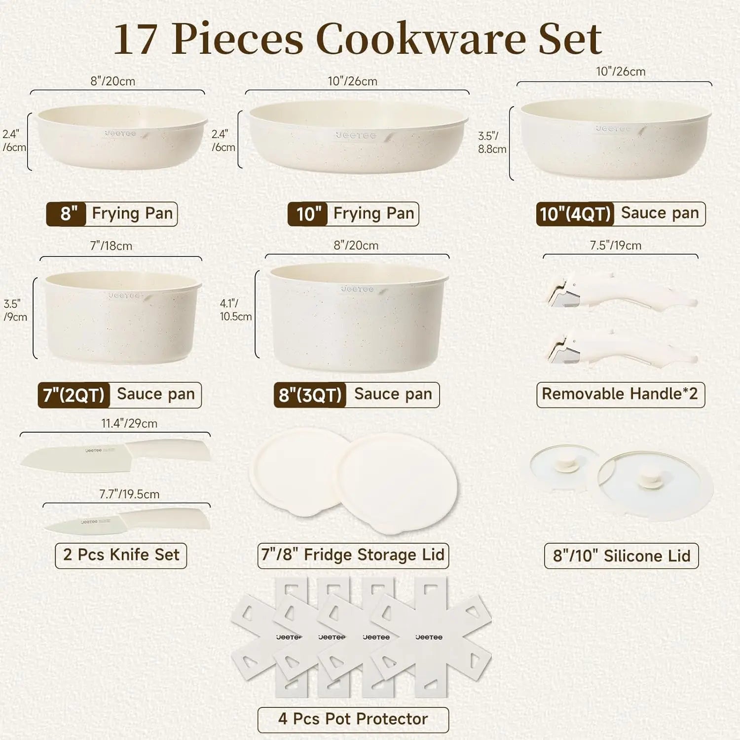17-Piece Nonstick Cookware Set with Detachable Handle, Induction Safe, Oven Safe, PFAS/PFOA Free in Beige