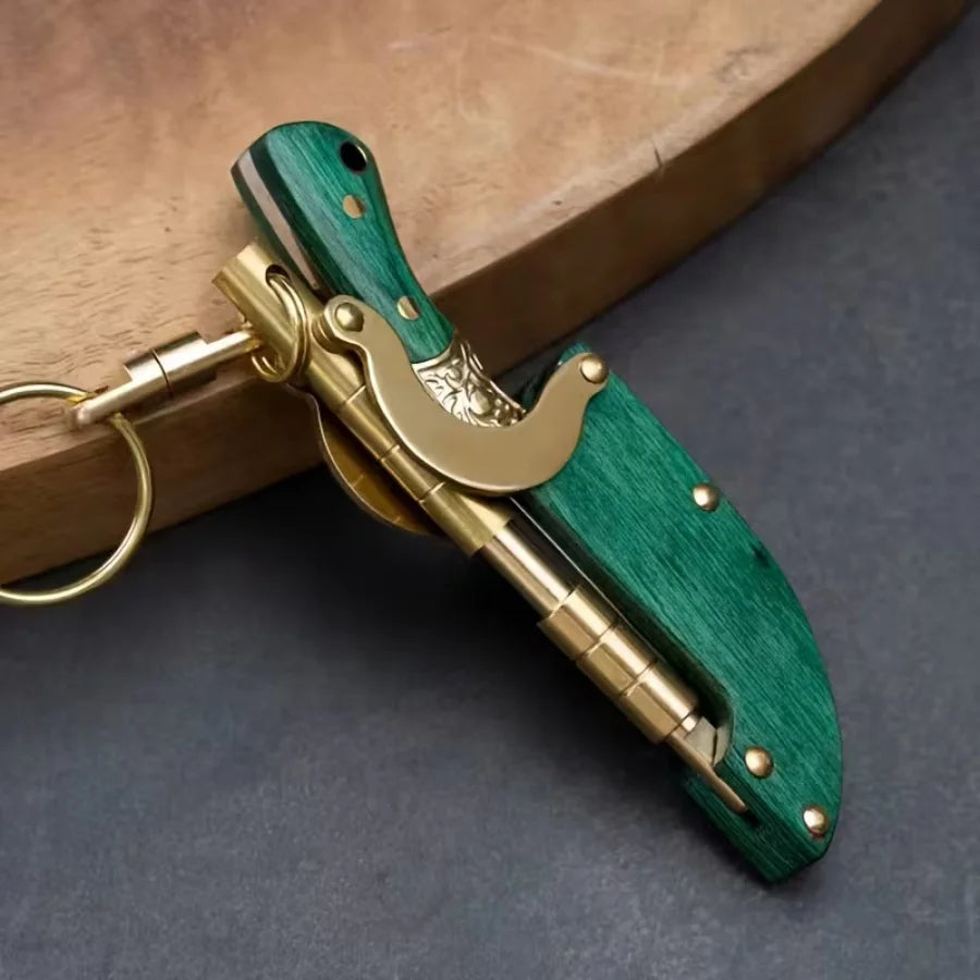 Mini Folding Knife Keychain Portable Pocket Knife Green Wood Handle Brass Decor