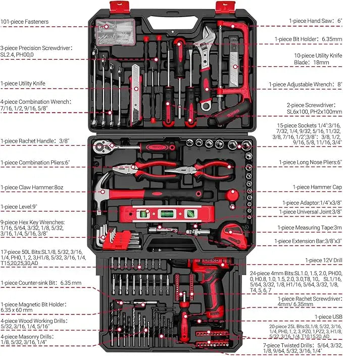 Mechanic Toolbox with 12V Power Cordless Drill Hand Repair Tools Sets Combo Kits Storage Organizer Drawer Case