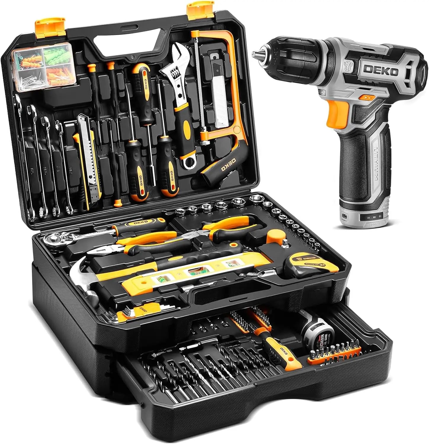 Mechanic Toolbox with 12V Power Cordless Drill Hand Repair Tools Sets Combo Kits Storage Organizer Drawer Case