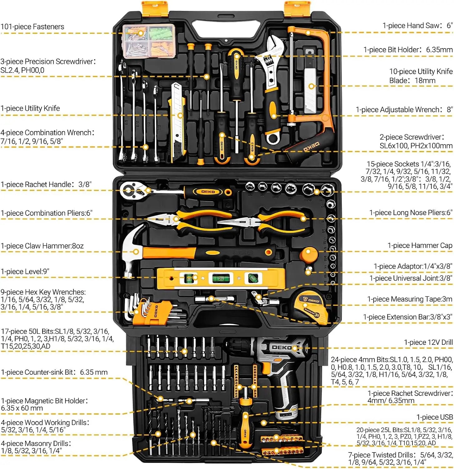 Mechanic Toolbox with 12V Power Cordless Drill Hand Repair Tools Sets Combo Kits Storage Organizer Drawer Case