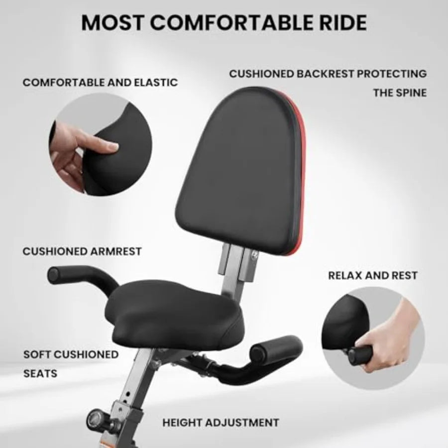 Home Workout Stationary Exercise Bike with 10Level Adjustable Magnetic Resistance Folding Design Builtin Back Support Pad Phone