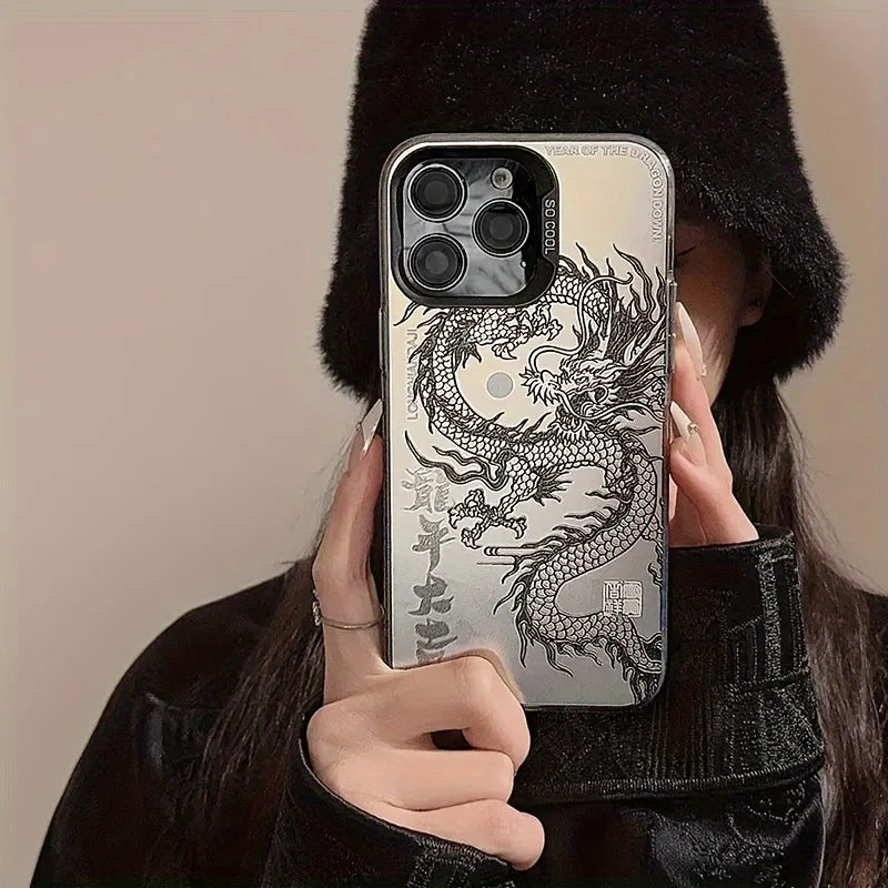 high-end black and white dragon pattern print phone case.