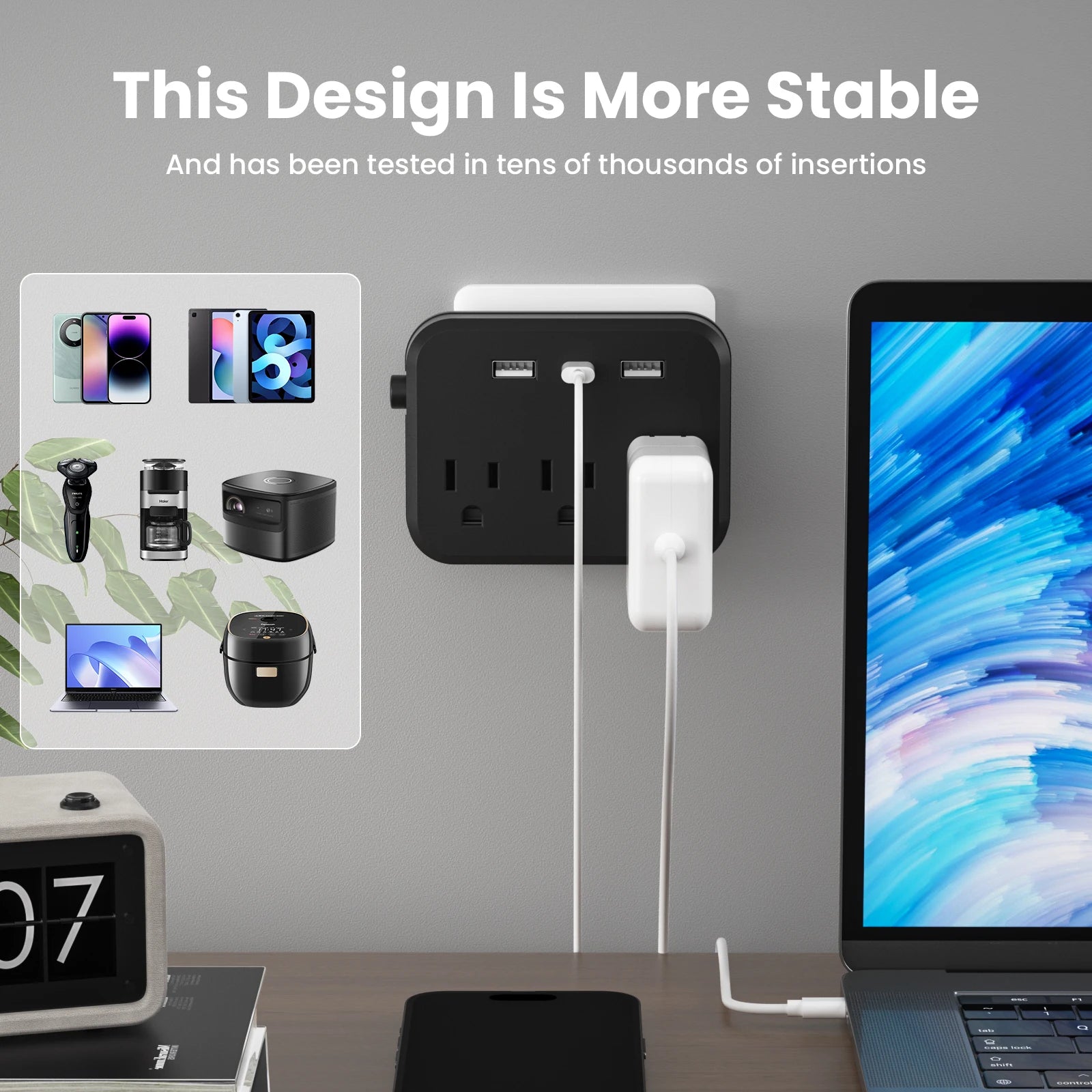 Switch with surge protector Mini Portable power strip 6-in-1 Multifunctional 3 power strip 2 USB ports 1 Type-C