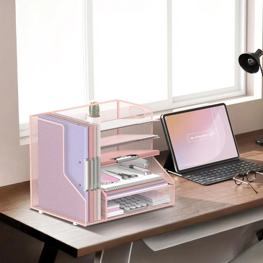 Pink 5-Tier Mesh Paper Letter Tray with Magazine Holder and Desktop Organizer for Office Supplies Storage Ideal Desk Accessory