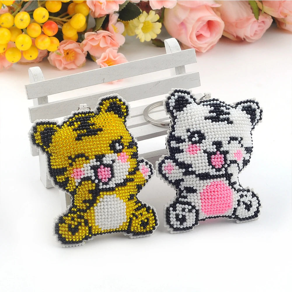 2/5Pcs Animal DIY Beaded Cross Stitch Ornament Kit Printed Bead Embroidery Needlework Key Ring Kit Gift for Friends