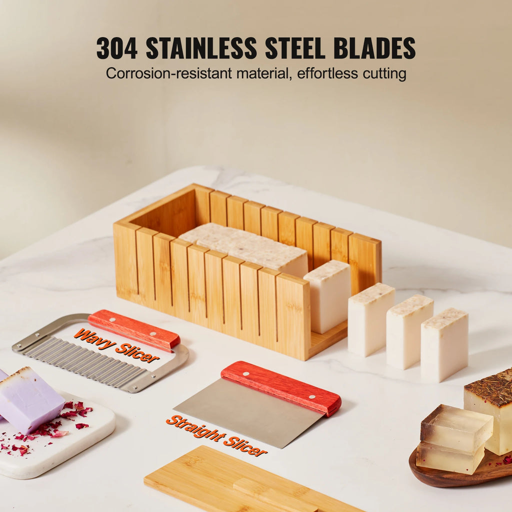Soap Making Kit Bamboo Cutting Box and Inner Box with Silicone Mold Stainless Steel Straight Cutter and Wavy Cutter