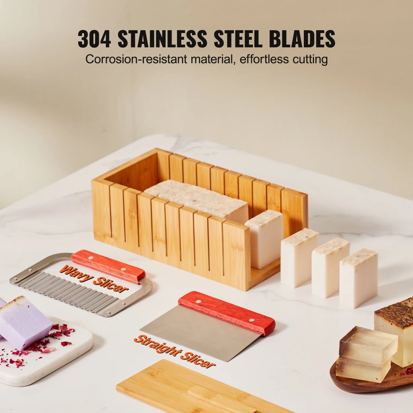 Soap Making Kit Bamboo Cutting Box and Inner Box with Silicone Mold Stainless Steel Straight Cutter and Wavy Cutter
