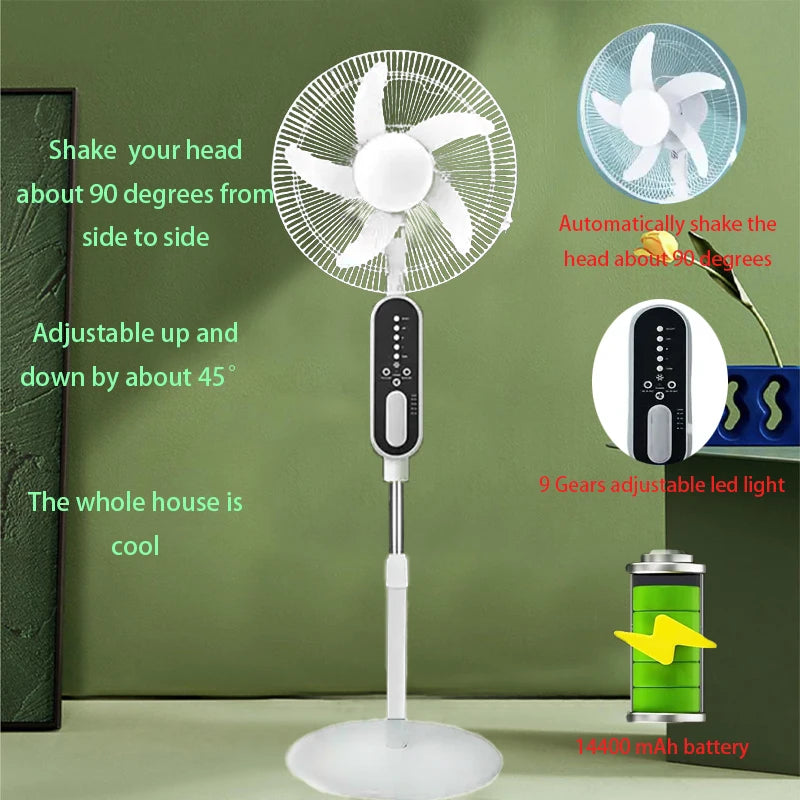 Solar rechargeable fan with solar panel, 2 bulbs, remote control function, 9 wind speeds