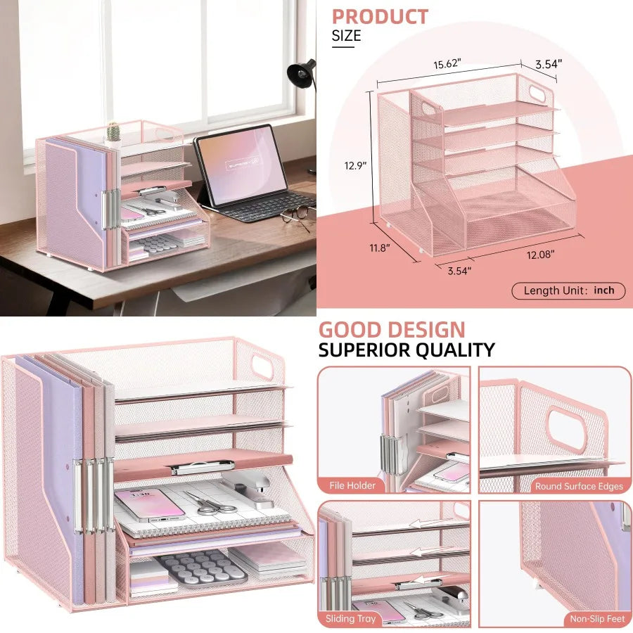Pink 5-Tier Mesh Paper Letter Tray with Magazine Holder and Desktop Organizer for Office Supplies Storage Ideal Desk Accessory