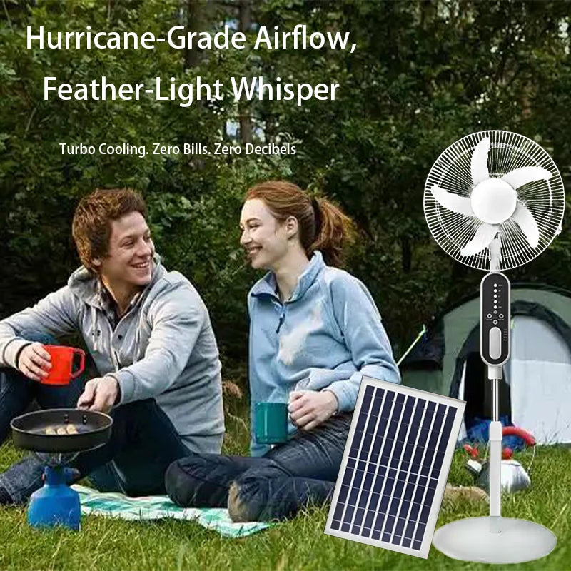 Solar rechargeable fan with solar panel, 2 bulbs, remote control function, 9 wind speeds