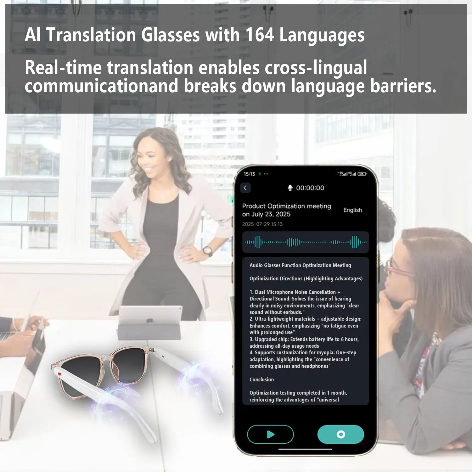 Smart AI translation audio glasses, in over 160 languages.