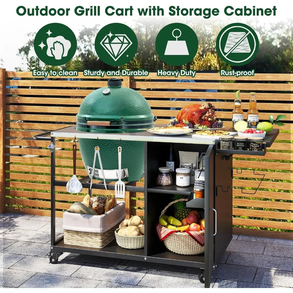 Heavy metal outdoor grill stand prep table with wheels, plenty of storage, for big green egg