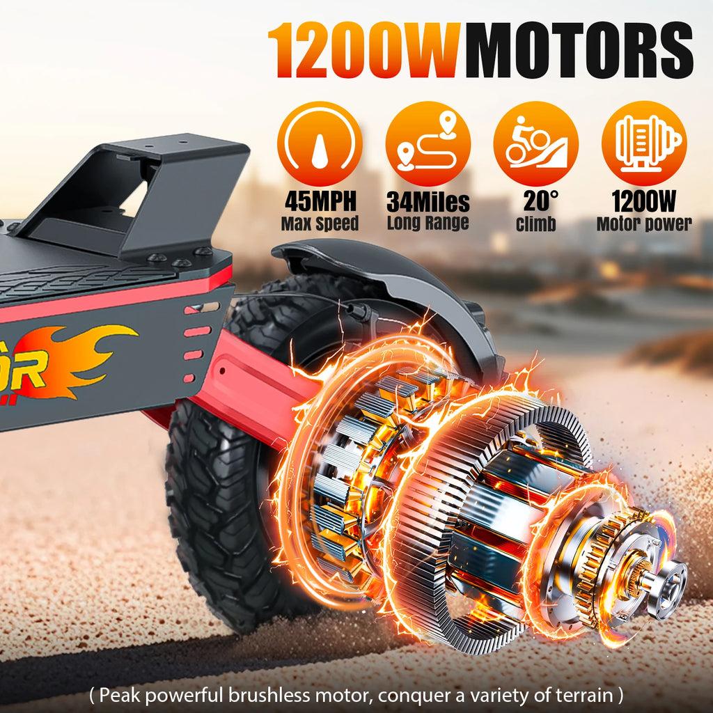 Electric Scooter 1200WMotor, 11" Off-Road Up to 28 MPH Top Speed & 20 Miles Long Range.