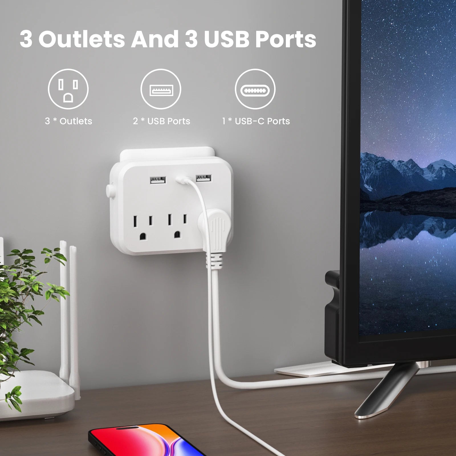 Switch with surge protector Mini Portable power strip 6-in-1 Multifunctional 3 power strip 2 USB ports 1 Type-C