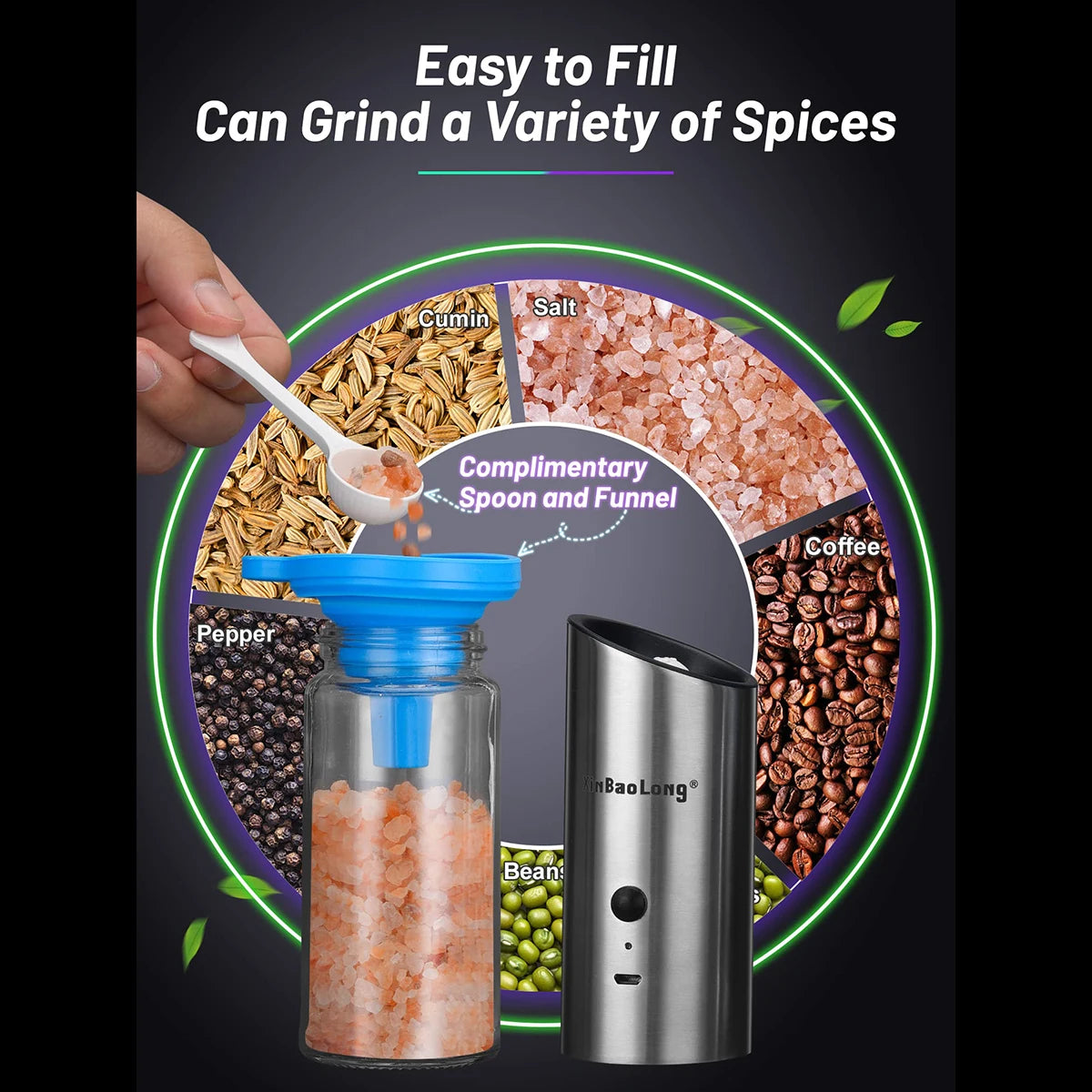 2pcs electric salt and pepper grinder set, USB rechargeable salt and pepper grinder set, electric salt and pepper grinder