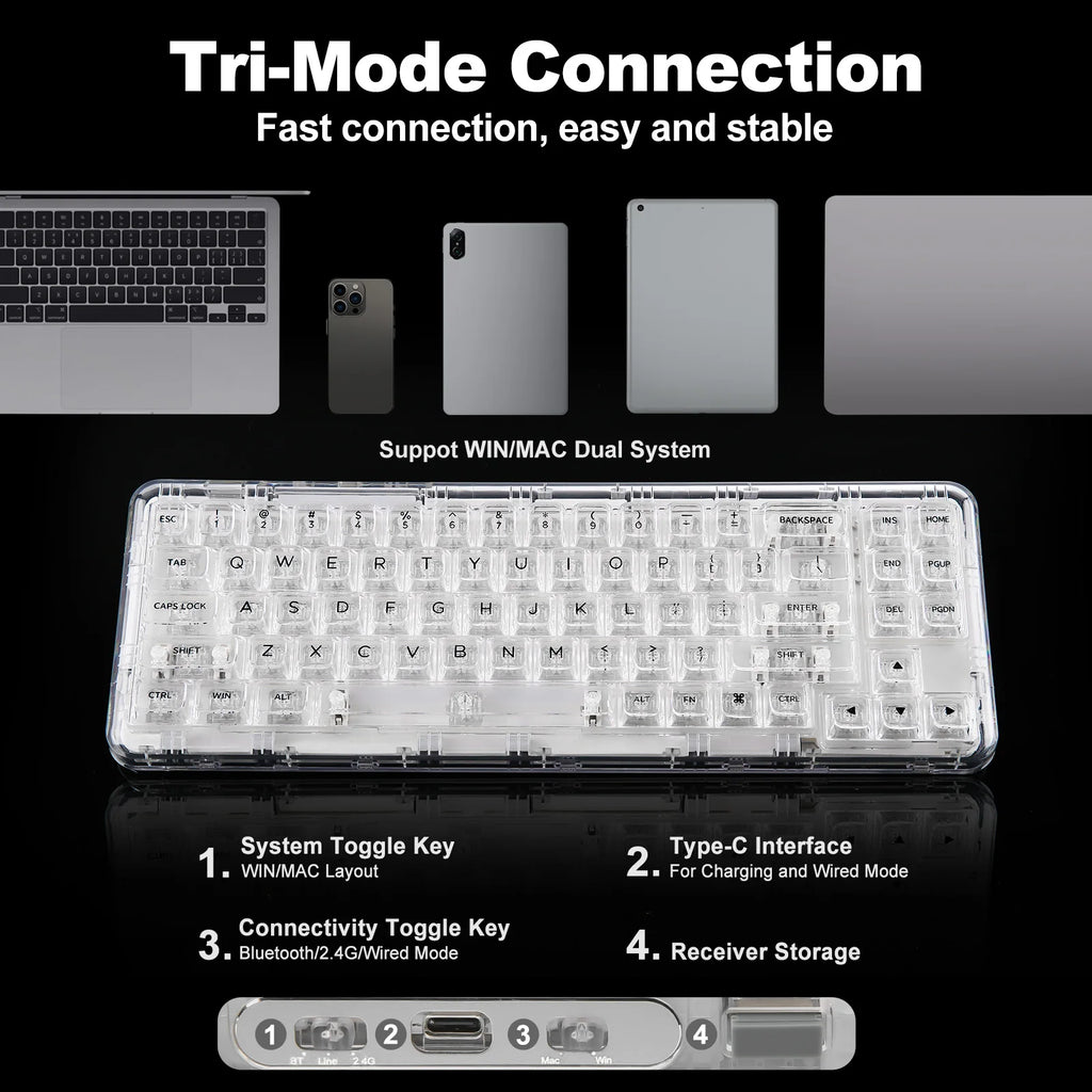 Wireless BT/2.4G/USB-C Gasket Hot-Swap Transparent RGB Mechanical Gaming Keyboard with Clear Keycaps