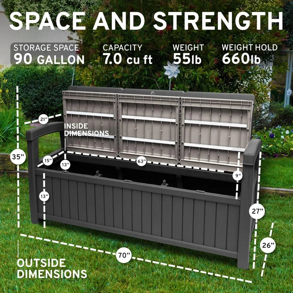 3 Seat Outdoor Storage Bench - 90 Gallon Capacity.
