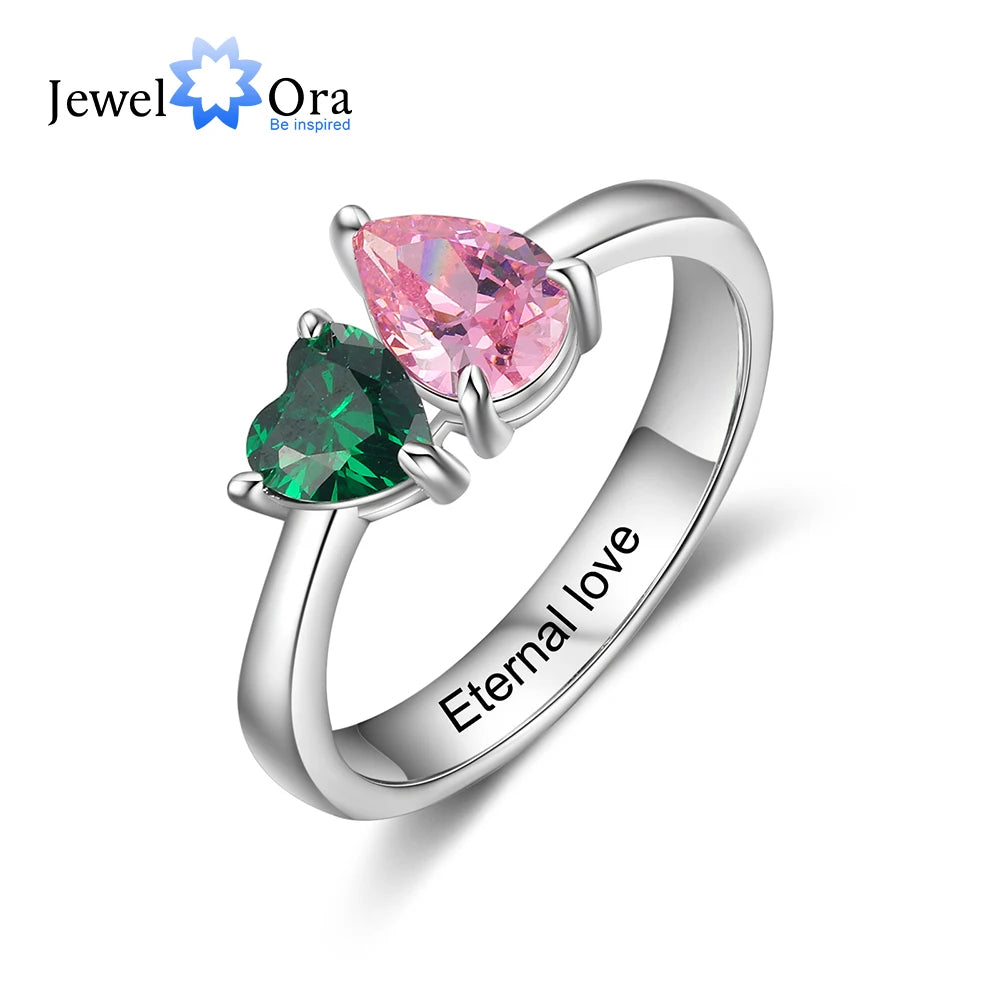 Ring with Heart Birthstone Personalized Inlaid Engraved.