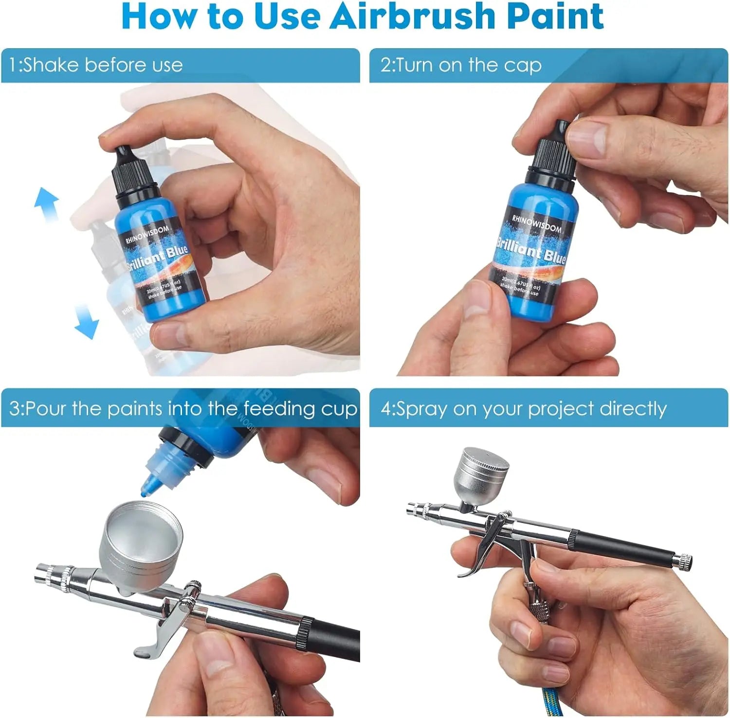 44 Colors with 4 Thinner Metallic Airbrush Paint Set (0.67 oz), Water Based Acrylic Air Brush Paint for Metal, Plastic Models.