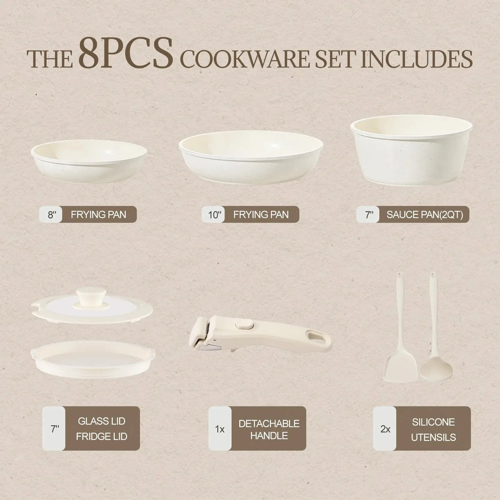 Ceramic Coated Cookware Set 8Pcs, Induction Compatible & Dishwasher Safe, Cream White