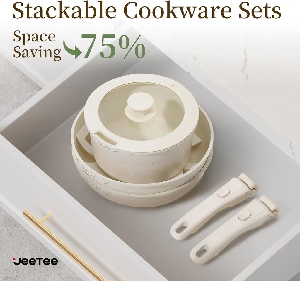 17-Piece Nonstick Cookware Set with Detachable Handle, Induction Safe, Oven Safe, PFAS/PFOA Free in Beige