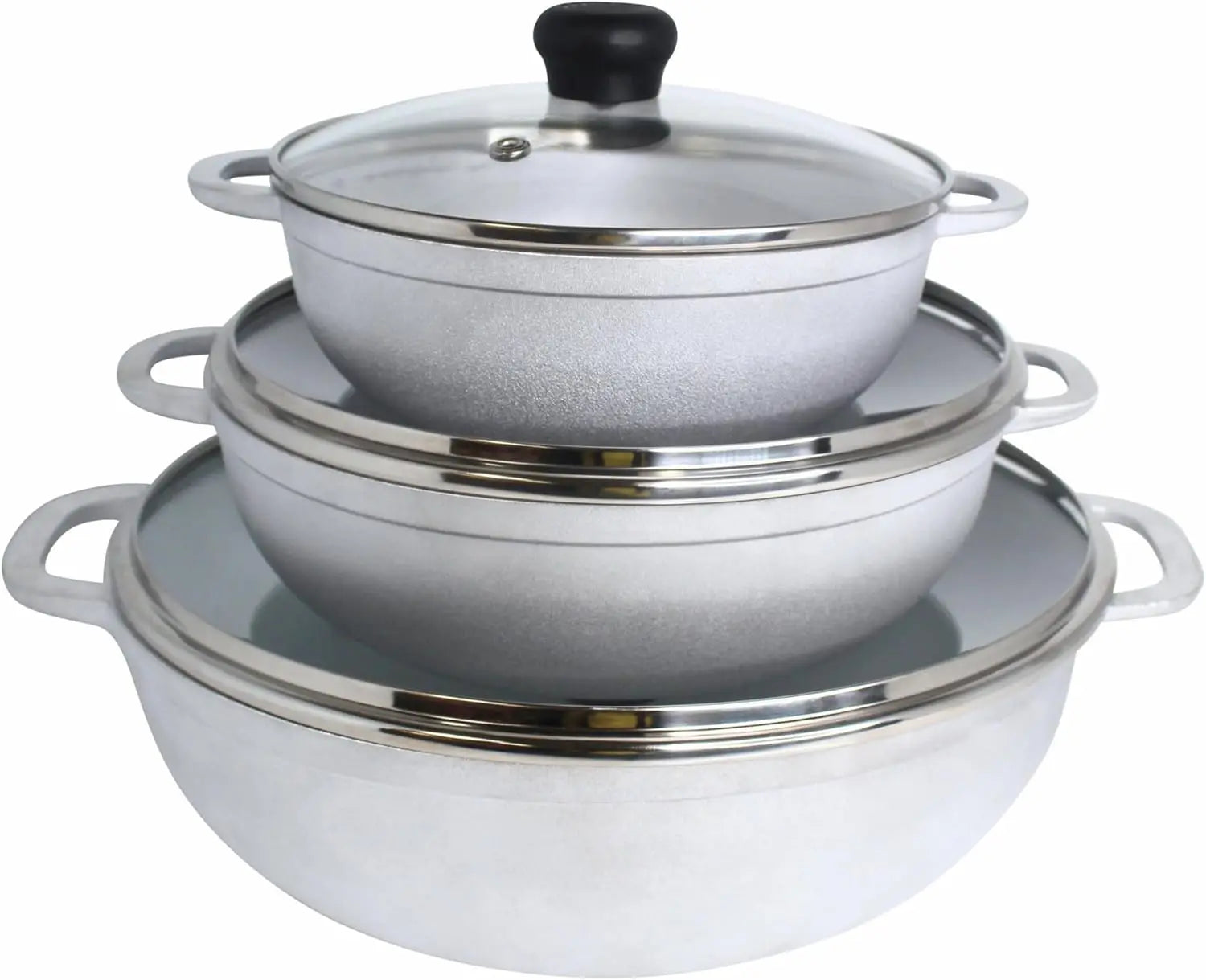 3-Piece Cast Aluminum Caldero Set with Glass Lids, 1.5/2.5/5.2qt Capacity, Riveted Handles for Versatile Cooking