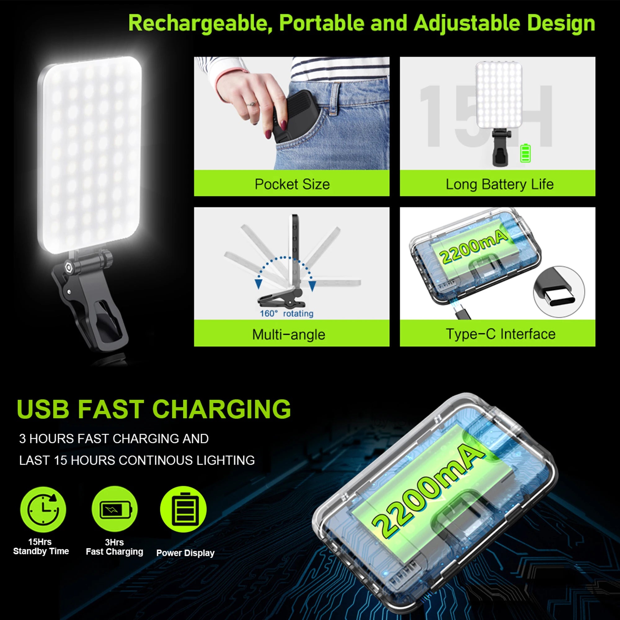 LED Selfie Light 60 High Power Rechargeable Clip Fill Video Light.