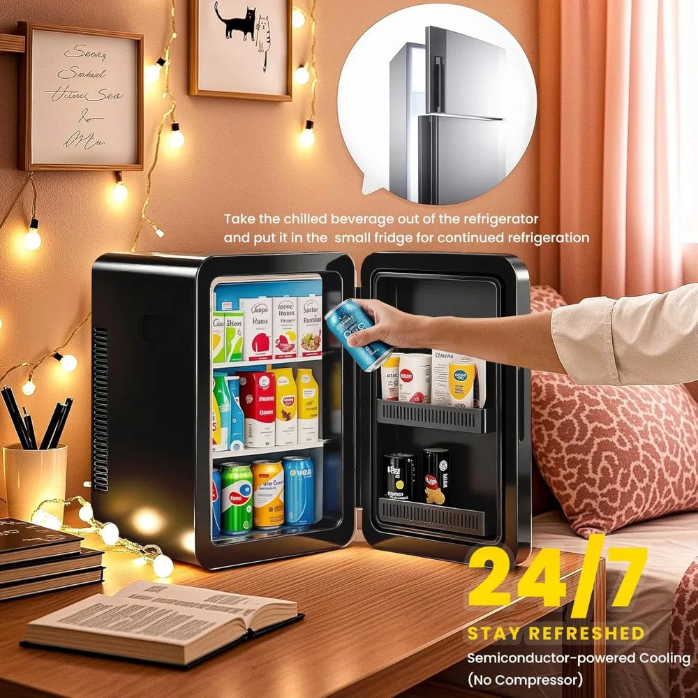 22L Mini Fridge for Bedroom, 12v DC Portable Cooler & Warmer, Mini Refrigerator with Glass Front, for Car Office Desk & D