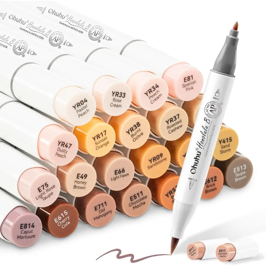 24 Skin-Tone Colors Alcohol Markers for Sketch Art and Coloring Alcohol-Based Brush Markers.