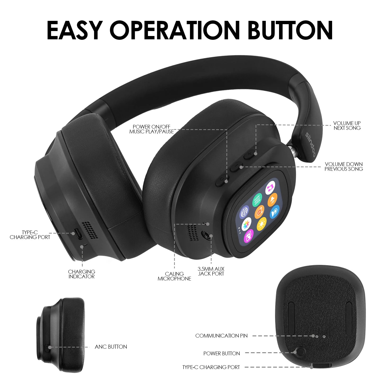 Wireless Headphone, With Multi Magnetic Touch Control LED Screen.
