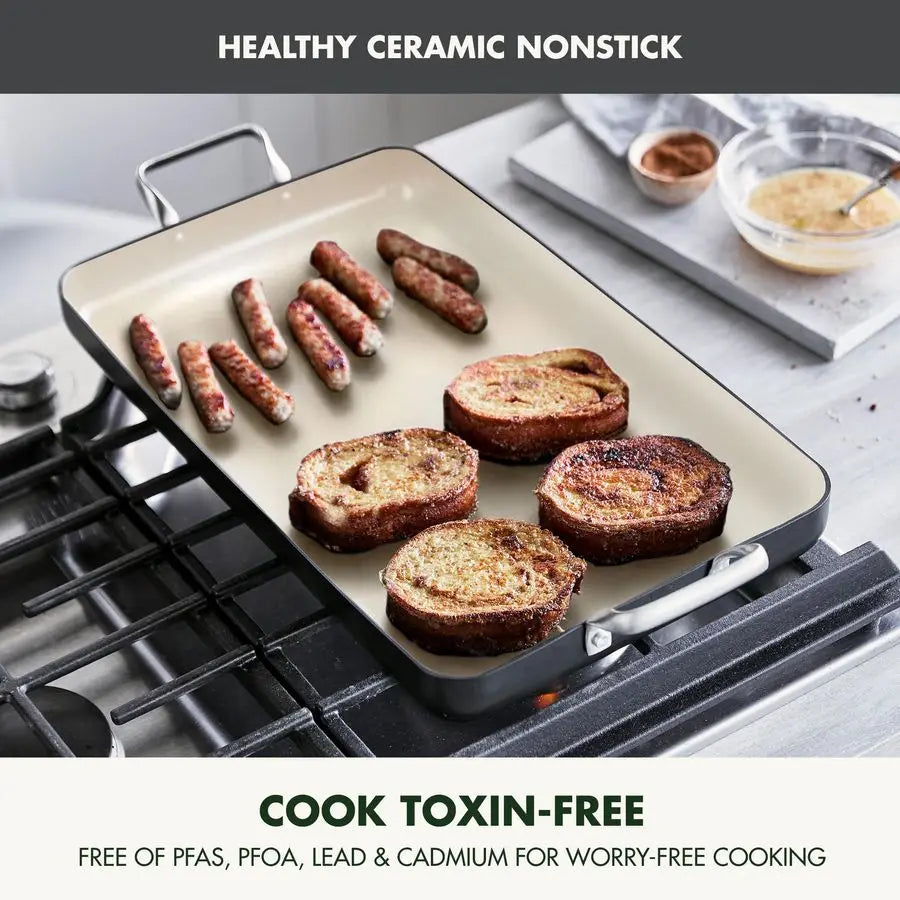 18 x 11 Double Burner Griddle Pan, Hard Anodized Healthy Ceramic Nonstick PFASFree, Stainless Steel Handles, Stovetop Cooking, D