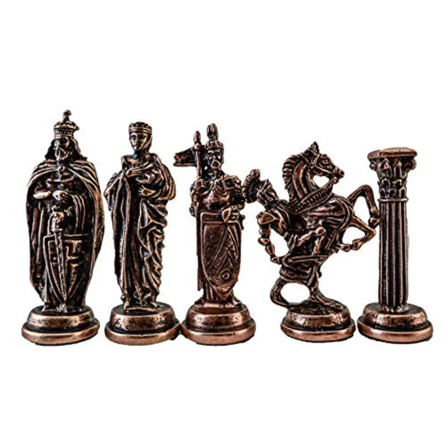 Medieval British Army Antique Copper Metal Chess Set for Adults Handmade Pieces and Natural Solid Wooden Chess Board with Hidde