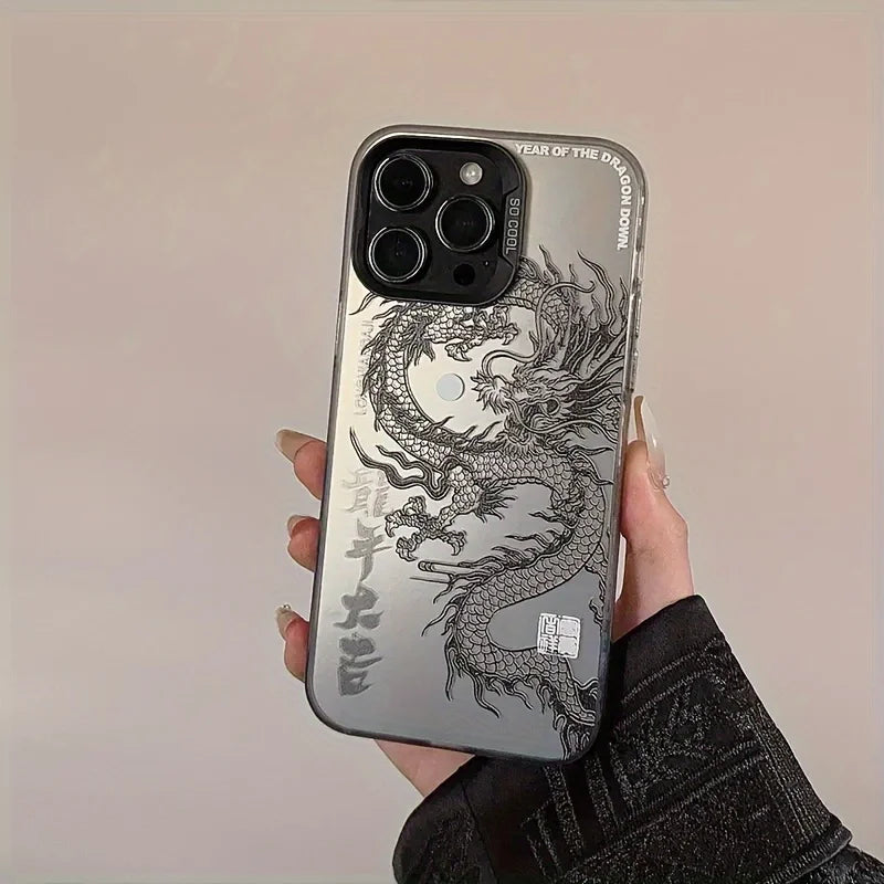 high-end black and white dragon pattern print phone case.