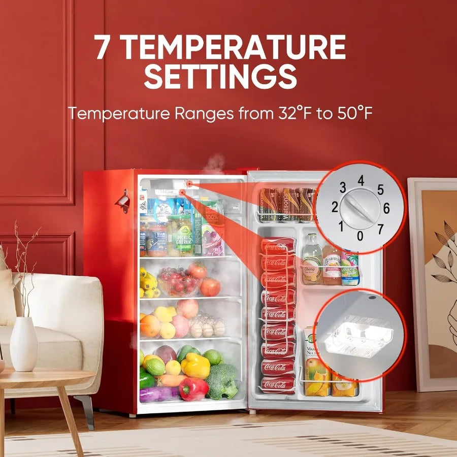 3.2 Cu.Ft Retro Mini Fridge with Bottle Opener for Bedroom Office Dorm Energy Saving Design Adjustable Thermostat Metal Handle