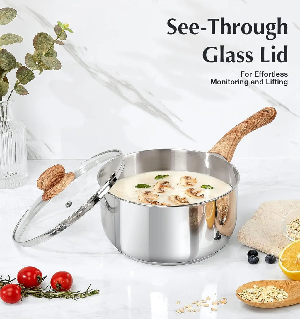Stainless Steel Saucepan Set with Steamer, 18/10 Tri-Ply Base, Cool-Touch Handles, Induction Compatible for Healthy Cooking