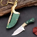 Mini Folding Knife Keychain Portable Pocket Knife Green Wood Handle Brass Decor