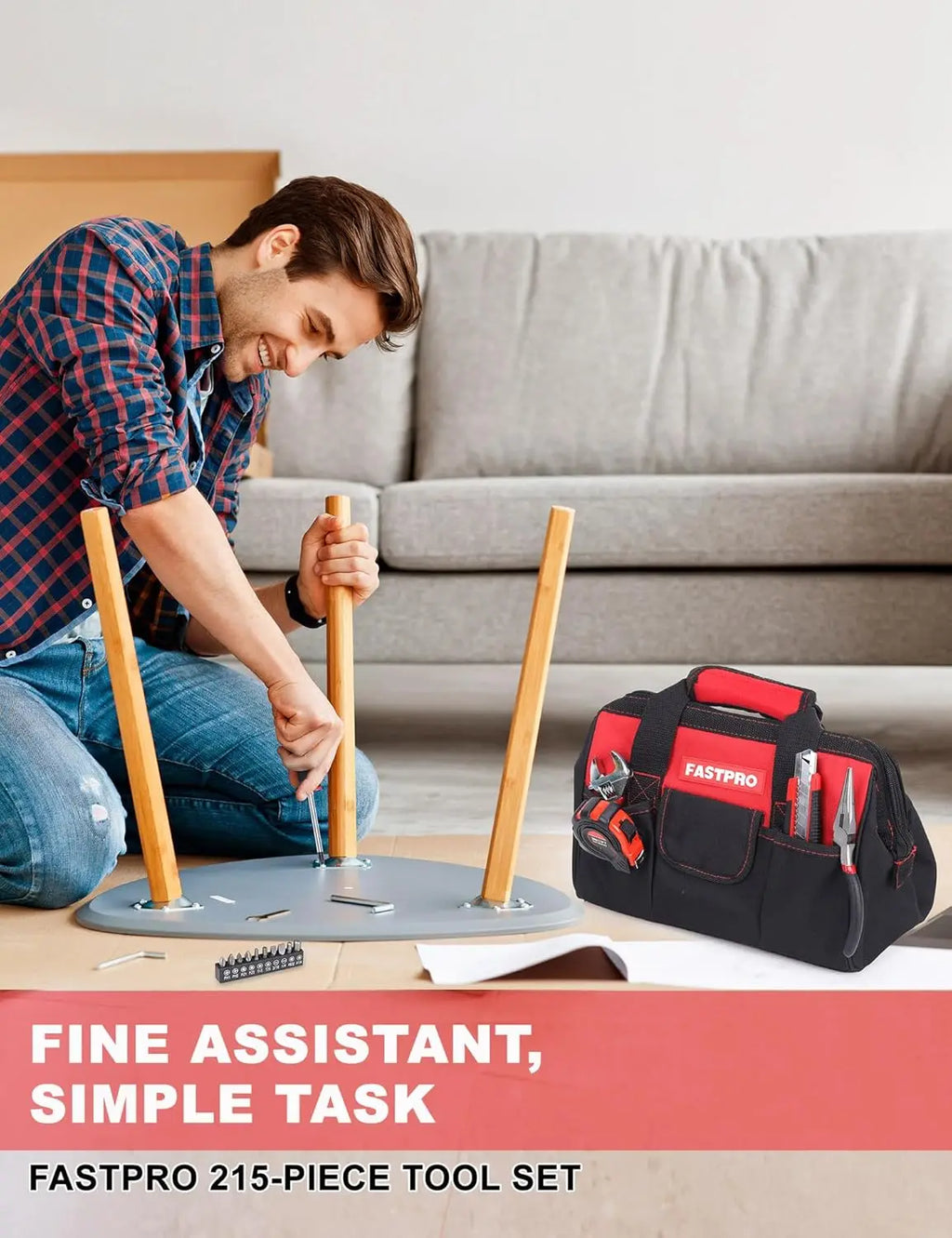 215-Piece Home Repair Tool Set with 12-Inch Storage Bag, Household Hand Kit in Red